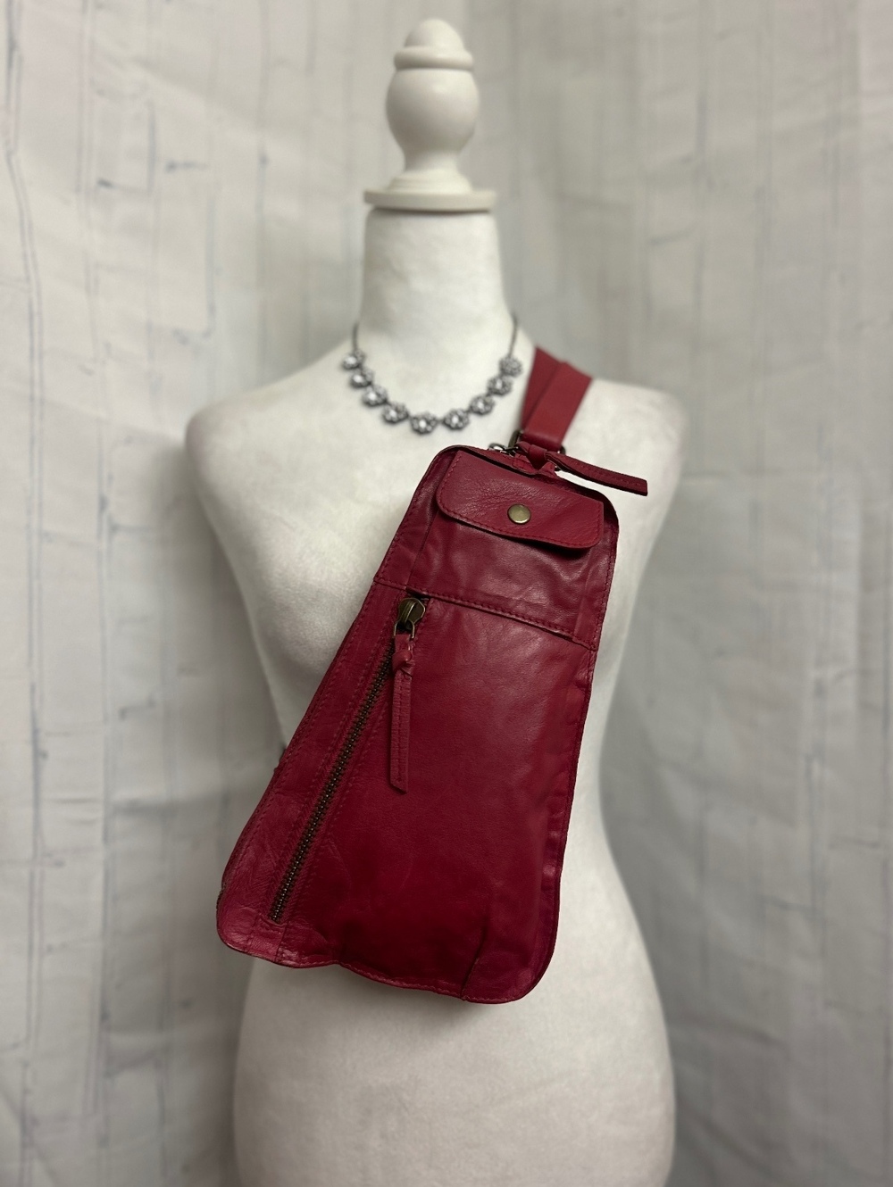 Free People Jagger Leather Sling Bag Goji Berry Red Pink Boho Goat Leather